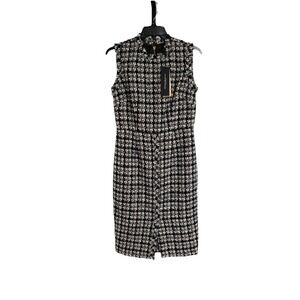 Donna Karan New York Black Plaid Tweed Sheath Dress Sleeveless Fringed 4 $179 H1
